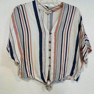 Style Envy Crop Top Striped Blouse Ties at Hem Short Sleeve V-Neck Womens Sz Med